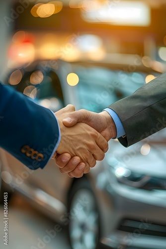 Close up of a handshake between a sales manager and a customer at a car showroom