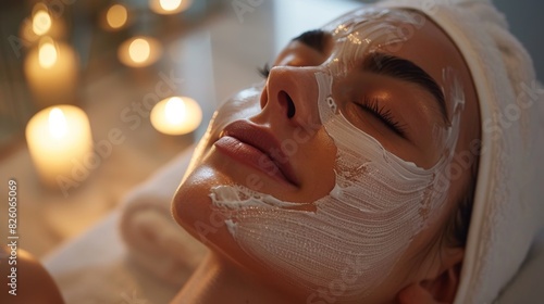 beautiful woman lying down with closed eyes with white mask on face, concept of spa and esthetic clinic, relaxed atmosphere of candles and minimalist in white lighting. 