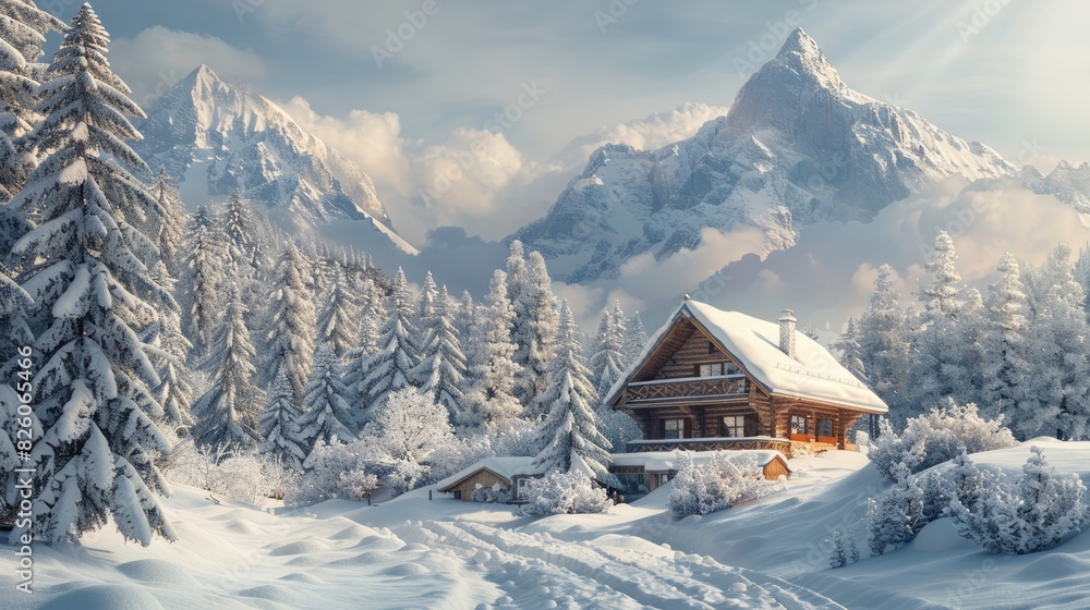 Cozy Wooden Mountain Chalet Nestled Amidst Snow-Covered Trees and Majestic Peaks in a Serene and Picturesque Winter Wonderland Landscape
