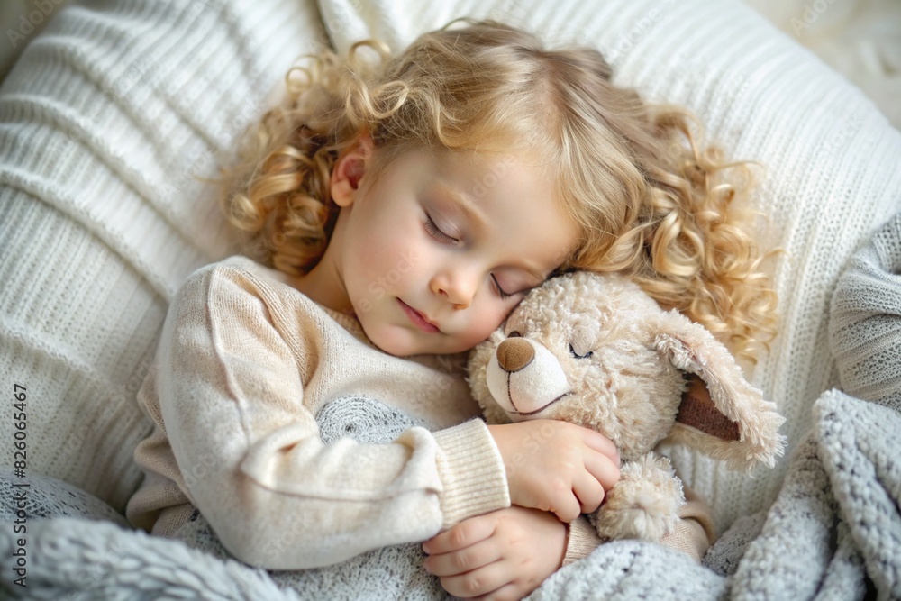 A little blonde girl with curly long blonde hair is sleeping in her bed, hugging a teddy bunny. A little blonde girl with curly long blonde hair is sleeping in her bed, hugging a teddy bunny.