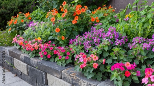 Design a charming garden bed featuring vibrant geraniums