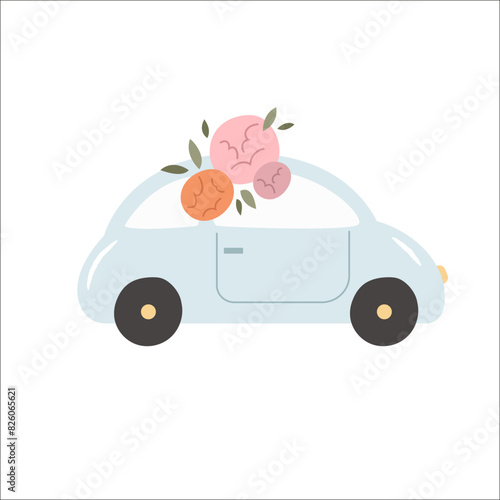 Hand drawn illustration of retro car and beautiful flowers isolated on white background