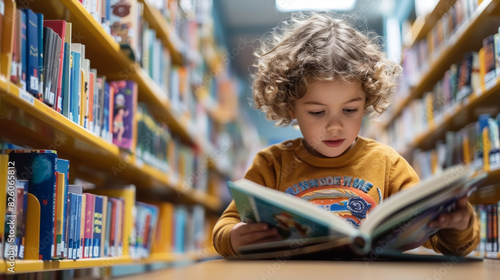 Young Boy Enthralled in a Storybook in a Cozy Library Young Boy Enthralled in a Storybook in a Cozy Library