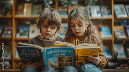 Two Children Immersed in Reading Books in a Library