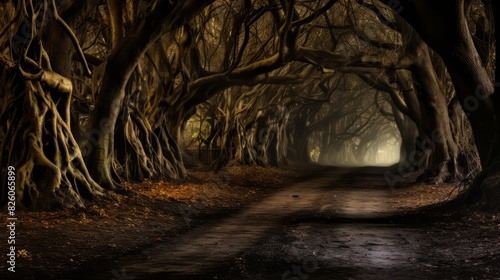 Dense forest with a path cutting through trees, a natural landscape
