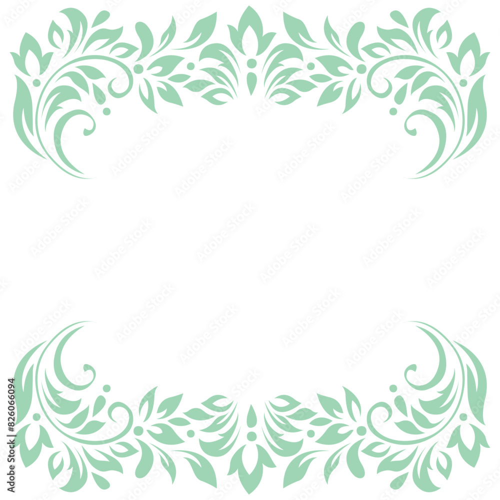 Vintage frame, border of stylized leaves, flowers and curls in light green lines on white background.