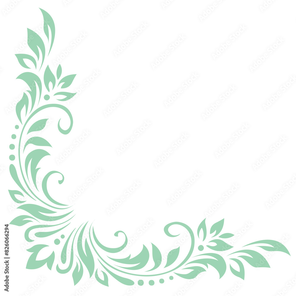 Abstract pattern, decorative element, clip art with stylized leaves, flowers and curls in light green lines on white background. Corner vintage ornament, border, frame Abstract pattern, decorative element, clip art with stylized leaves, flowers and curls in light green lines on white background. Corner vintage ornament, border, frame