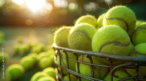 Close-up. Many vibrant tennis balls, pattern of balls used on tennis court for background,  photo