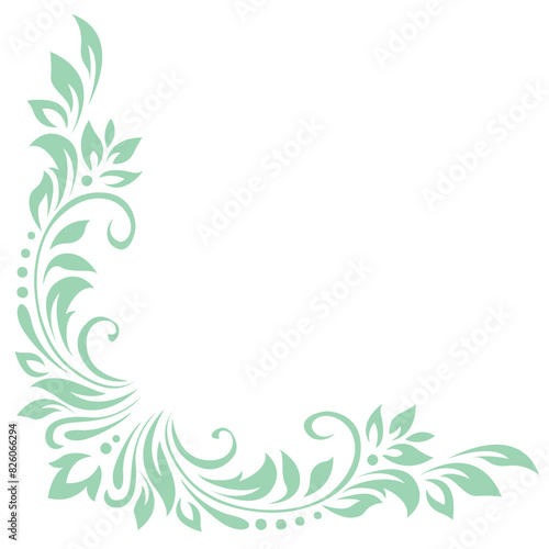 Abstract pattern, decorative element, clip art with stylized leaves, flowers and curls in light green lines on white background. Corner vintage ornament, border, frame