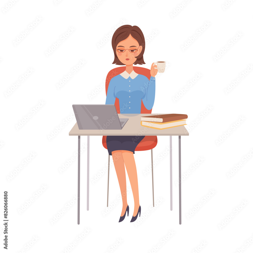 Woman works on laptop. Young girl with coffee sitting at desk and working on computer. Modern female worker in office. Cartoon vector isolated illustration
