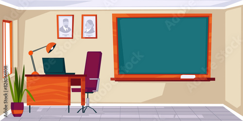 Empty classroom interior background. Class with green blackboard  teacher desk and chair  laptop in school  college  university. Education cartoon vector Illustration