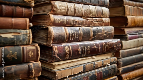 Antique Books Stack  A stack of old books with worn leather covers and yellowed pages.