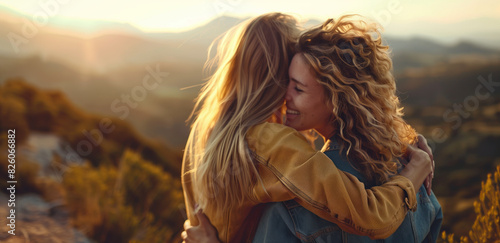 Two Women Hugging at Sunset with Scenic Mountain Background