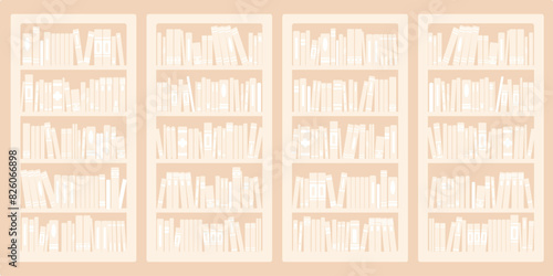 Library bookcases background. Interior of bookshop with bookshelves. Reading room in school, university, college. Modern cartoon vector illustration