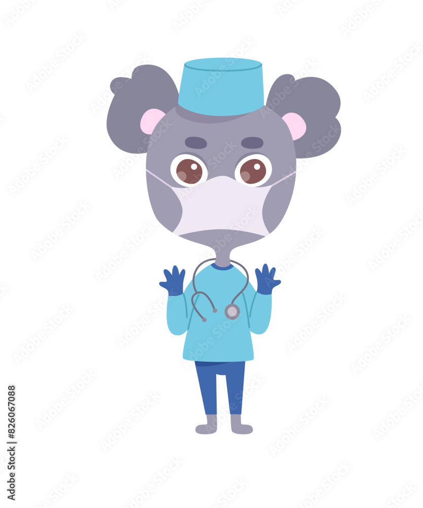 Cartoon animal doctor vector illustration isolated on white. Funny cute smiling mouse in medical mask, uniform with stethoscope. Fun health design for school, kindergarten, pediatric clinics hospitals Cartoon animal doctor vector illustration isolated on white. Funny cute smiling mouse in medical mask, uniform with stethoscope. Fun health design for school, kindergarten, pediatric clinics hospitals