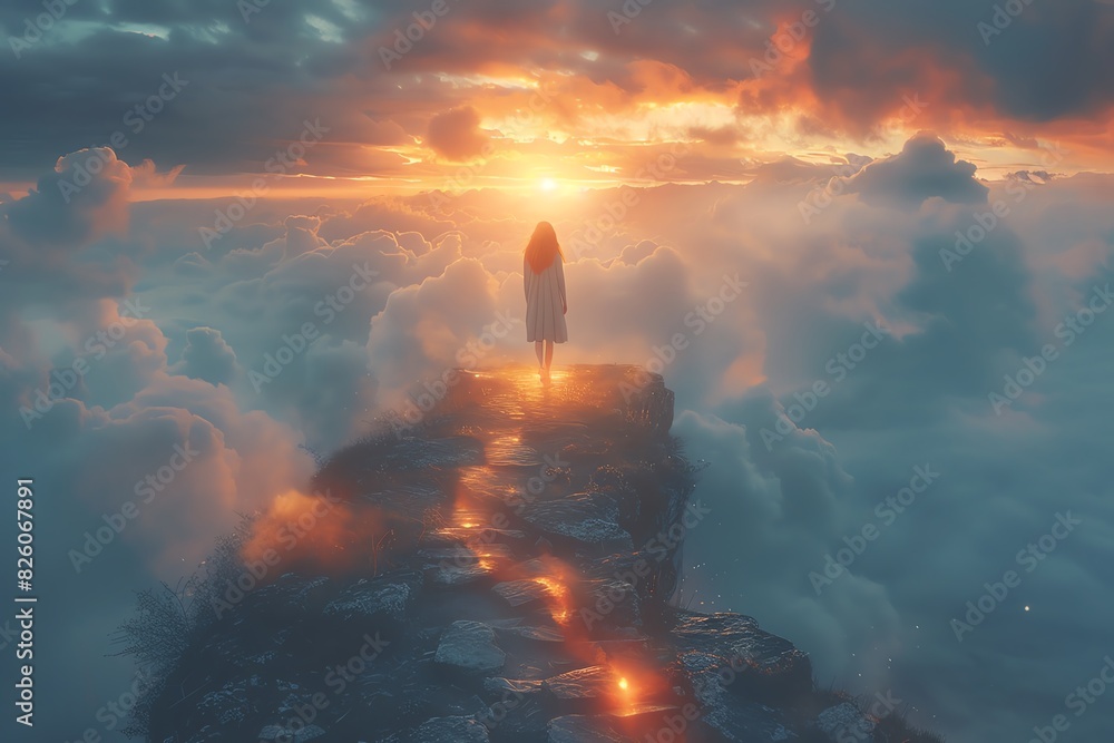 Solitary figure stands on a cliff overlooking a sea of clouds and a vibrant sunset.