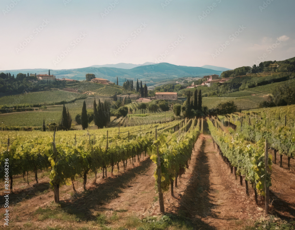 La vista panoramica abbraccia colline ondulate e vigneti ordinati, offrendo uno spettacolo di pura bellezza naturale.
