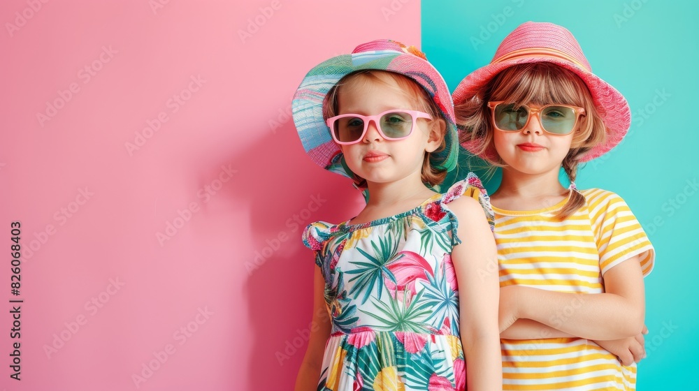 Two little girls happily posing in sunglasses and hats