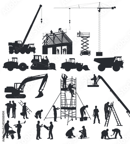 Bauarbeiter auf der Baustelle mit Baumaschinen,  illustration