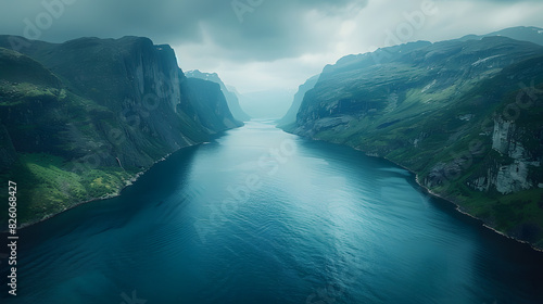 A photo featuring the majestic fjords of Norway captured from an aerial perspective with a drone. Highlighting the deep blue waters and towering cliffs, while surrounded by lush greenery photo
