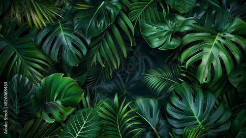 Dark forest scene featuring lush green palm tree and monstera leaves.