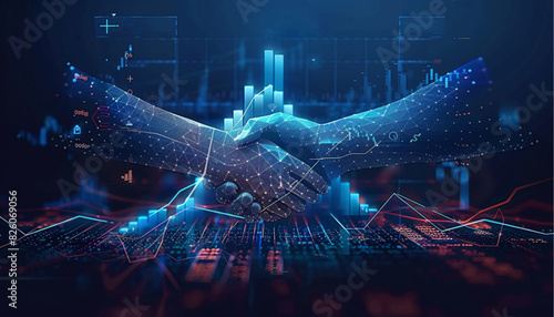 Digital handshake on blue technology background. Abstract two hands in lines, connected dots, and triangles. Polygonal grid 3D vector illustration. Business partnership concept. Low poly wireframe.