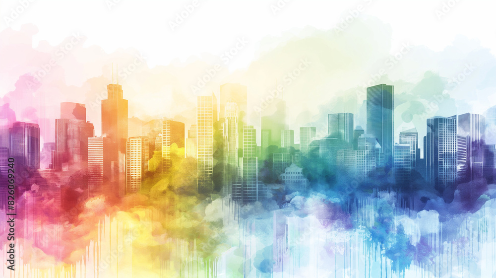Colorful Watercolor Cityscape with Rainbow Hues