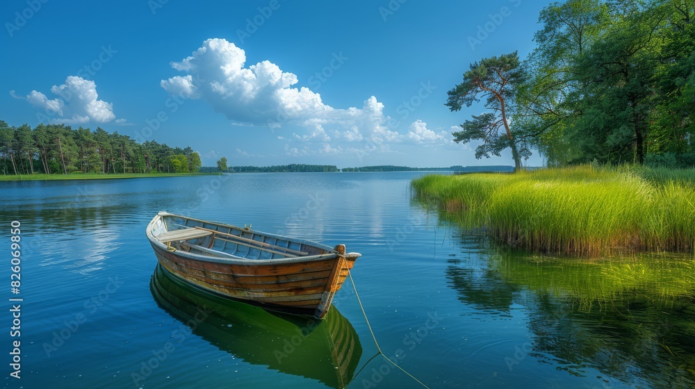 Obraz premium A small boat floats on the lake with trees in the background. A calm scene with water reflecting the sky and trees in the distance. A bright riverside scene with calm water.