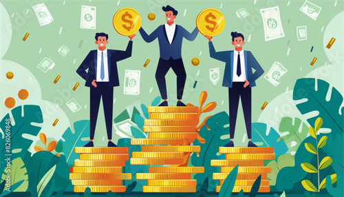 Vector illustration of businessman proudly standing on the huge money staircase. Flat style business concept