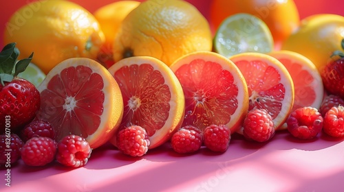 A colorful assortment of fruits including oranges  strawberries  blueberries  and raspberries. Concept of freshness and abundance  with the vibrant colors of the fruits creating a lively