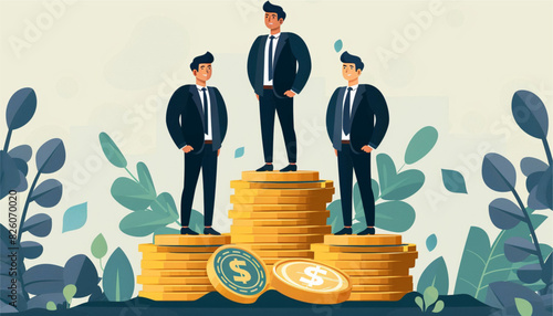 Vector illustration of businessman proudly standing on the huge money staircase. Flat style business concept