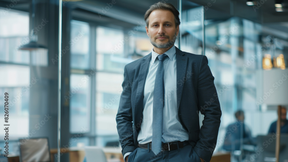 Confident business executive stands poised in his modern office, embodying professionalism. Confident business executive stands poised in his modern office, embodying professionalism.
