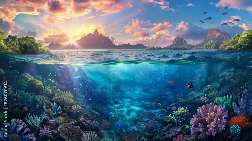 Serene Underwater Oasis Merging with Verdant Landscape and Distant Mountains at Sunset Serene Underwater Oasis Merging with Verdant Landscape and Distant Mountains at Sunset