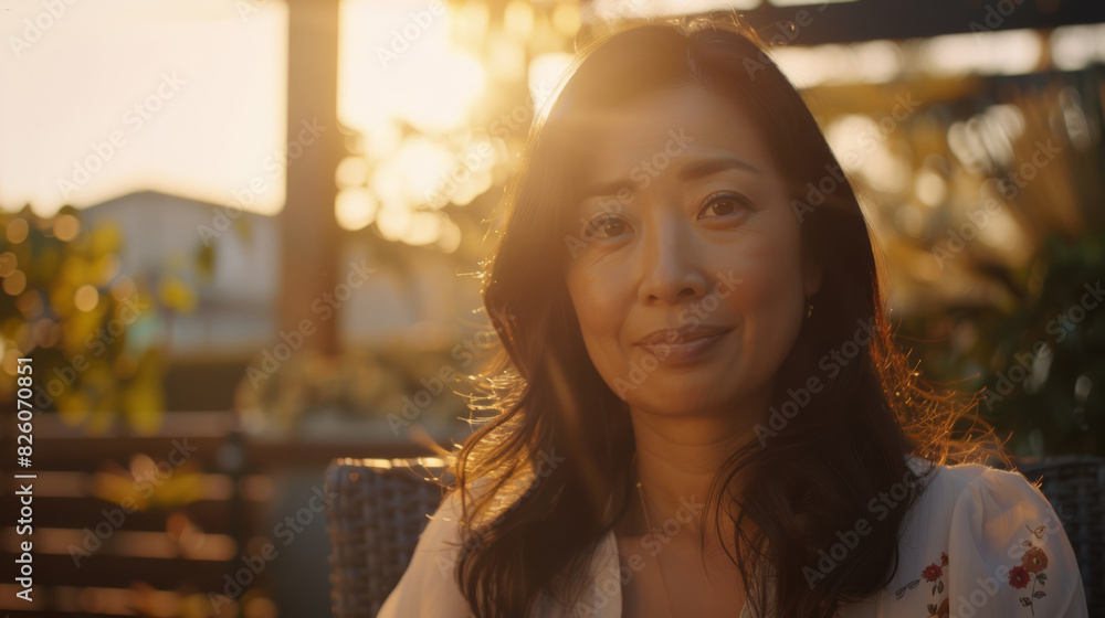 Obraz premium Contemplative woman basking in the warm glow of a sunset backdrop.