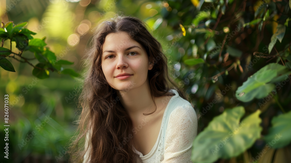 Serene young woman surrounded by lush foliage, basking in soft natural light. Serene young woman surrounded by lush foliage, basking in soft natural light.