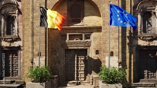 Parete storica con bandiera Belgio e bandiera Unione Europea photo