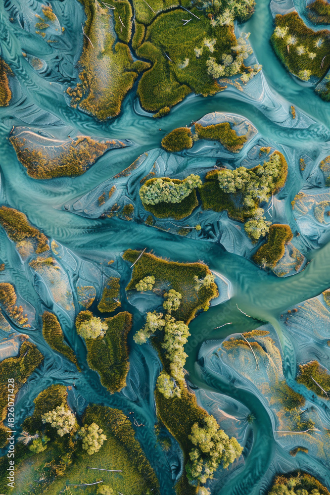 Fototapeta premium Aerial view of intricate water patterns and vegetation in wetlands, creating an abstract, minimalist composition.