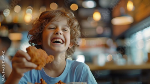 Happy Child Enjoying Crispy Fried Chicken at a Family Restaurant