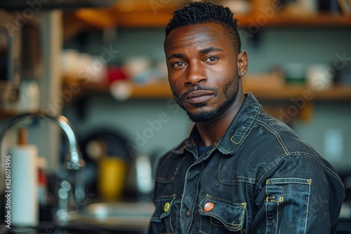 A confident man in denim attire sitting at a cafe, gazing at the camera photo