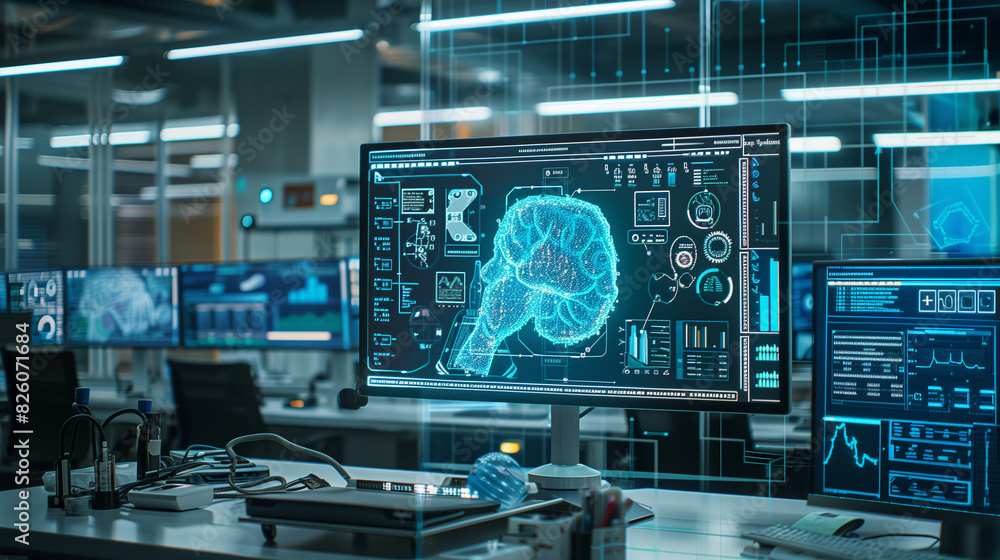 A computer monitor displays a brain scan with a red dot in the middle. The room is filled with computer monitors and a person is sitting in front of one of them. Scene is futuristic and technological A computer monitor displays a brain scan with a red dot in the middle. The room is filled with computer monitors and a person is sitting in front of one of them. Scene is futuristic and technological