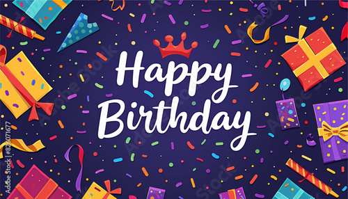 Happy birthday text vector template design. Birthday greeting in circle space for typography with cake and balloons party decoration elements in pattern background. Vector Illustration.
