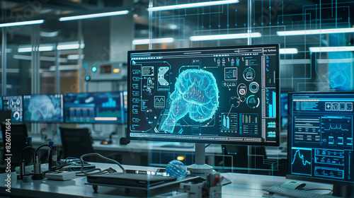 A computer monitor displays a brain scan with a red dot in the middle. The room is filled with computer monitors and a person is sitting in front of one of them. Scene is futuristic and technological