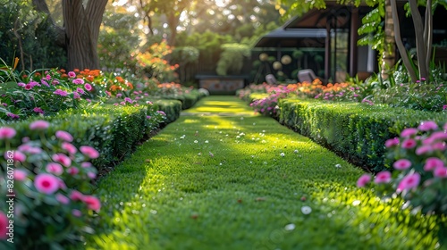 A peaceful garden with neatly trimmed hedges and manicured lawns  featuring a variety of green plants and blooming flowers in full display