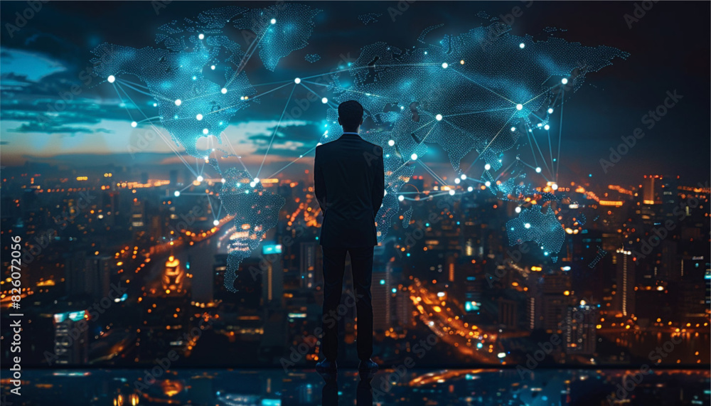 Fototapeta premium Rear view of a businessman looking at large network and city holograms in the air in front of him. Toned image. vector