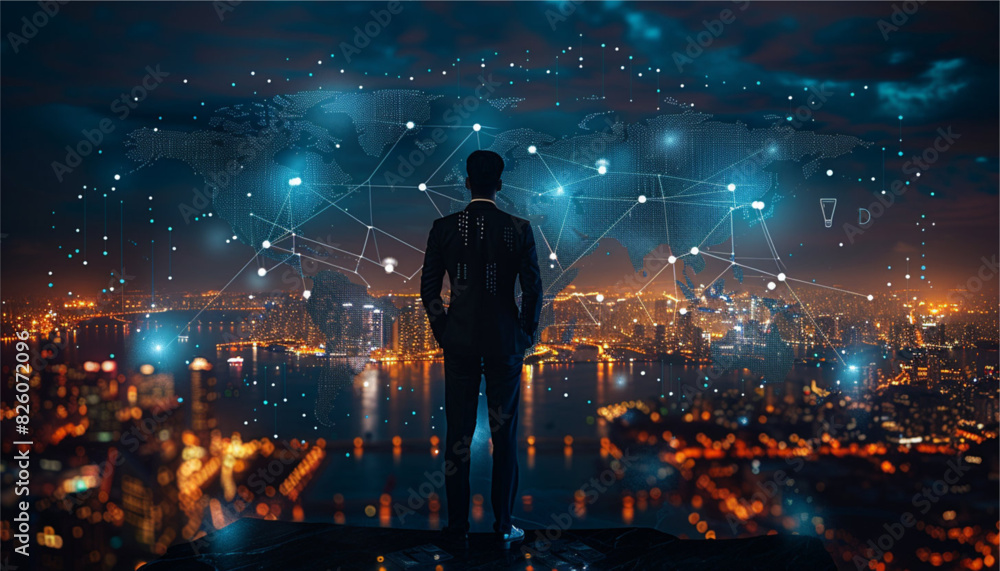 Fototapeta premium Rear view of a businessman looking at large network and city holograms in the air in front of him. Toned image. vector
