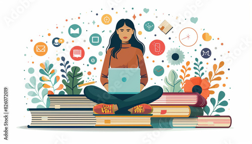 Young girl sitting at laptop and having an online class at home, concept of remote learning or tutorial in flat design