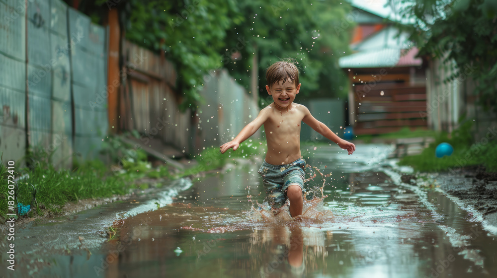 Boy joyfully splashing through a puddle on a rainy summer day. Boy joyfully splashing through a puddle on a rainy summer day.