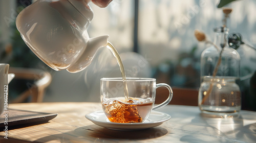 A person is pouring tea from a white teapot into a white teacup