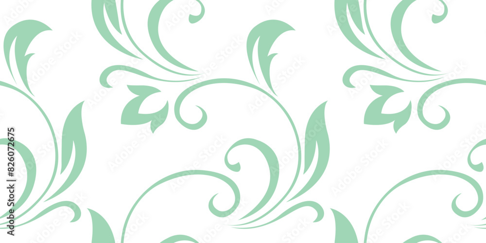 Vintage seamless plant pattern of light green stylized leaves, flowers and curls on white background. Retro style. Vector backdrop, texture for victorian wallpapers, wrapping paper, fabric