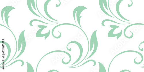 Vintage seamless plant pattern of light green stylized leaves, flowers and curls on white background. Retro style. Vector backdrop, texture for victorian wallpapers, wrapping paper, fabric